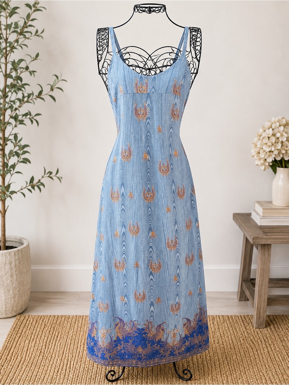 Cotton Light Blue Strappy Maxi Dress with Floral Border-Vacation